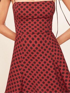 Reformation Strapless Red Dress with Black Floral Print